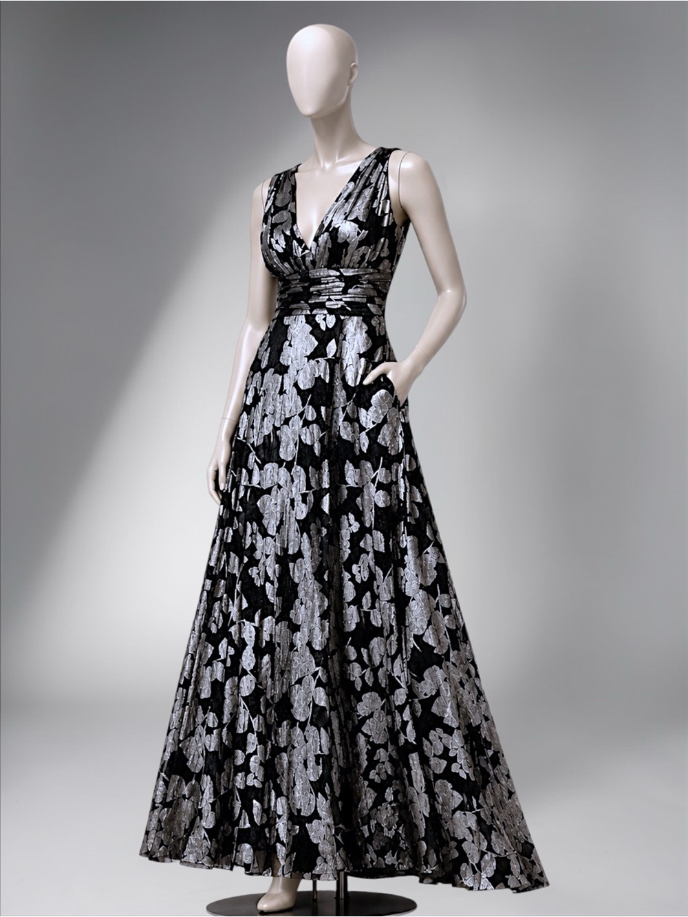 BA Nites Foil Crinkle V-Neck Evening Gown